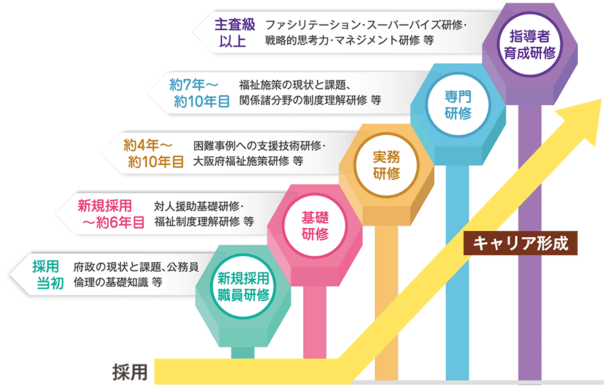 勤務年数に応じた、充実した研修を積むことにより、高度なキャリアを形成することが可能